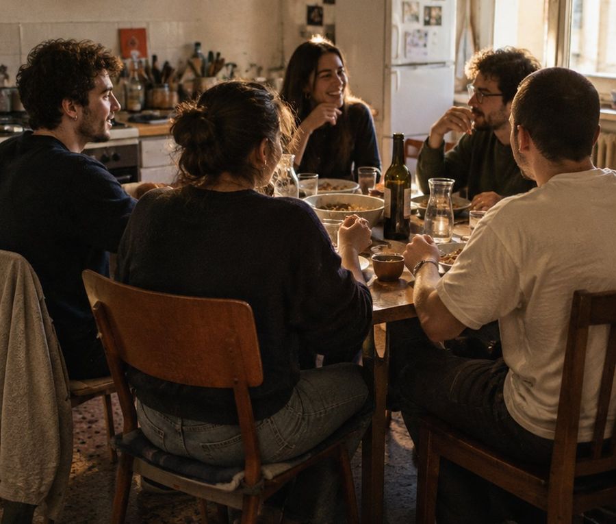 Amici attorno a un tavolo in casa